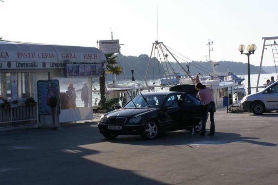 Šinjorina u miru Božjem i po prekrasnom vremenu nasred rive čisti svoj auto