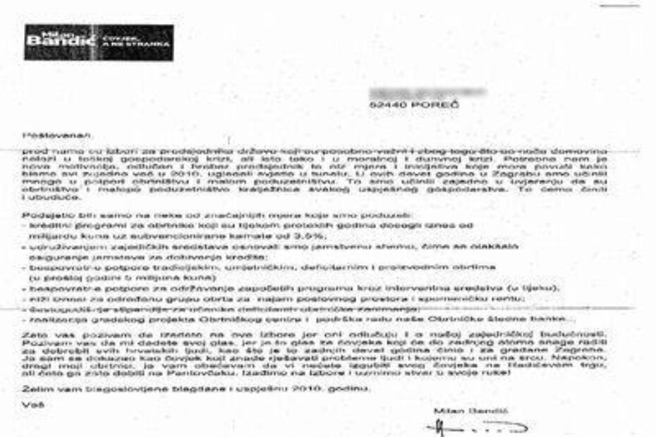 Pismo koje je u ime Milana Bandića poslato jednom od poznatih porečkih obrtnika