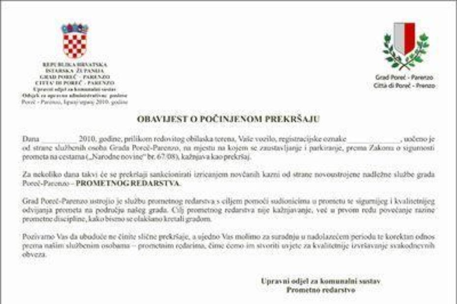 Izgled obavijesti o počinjenom prekršaju