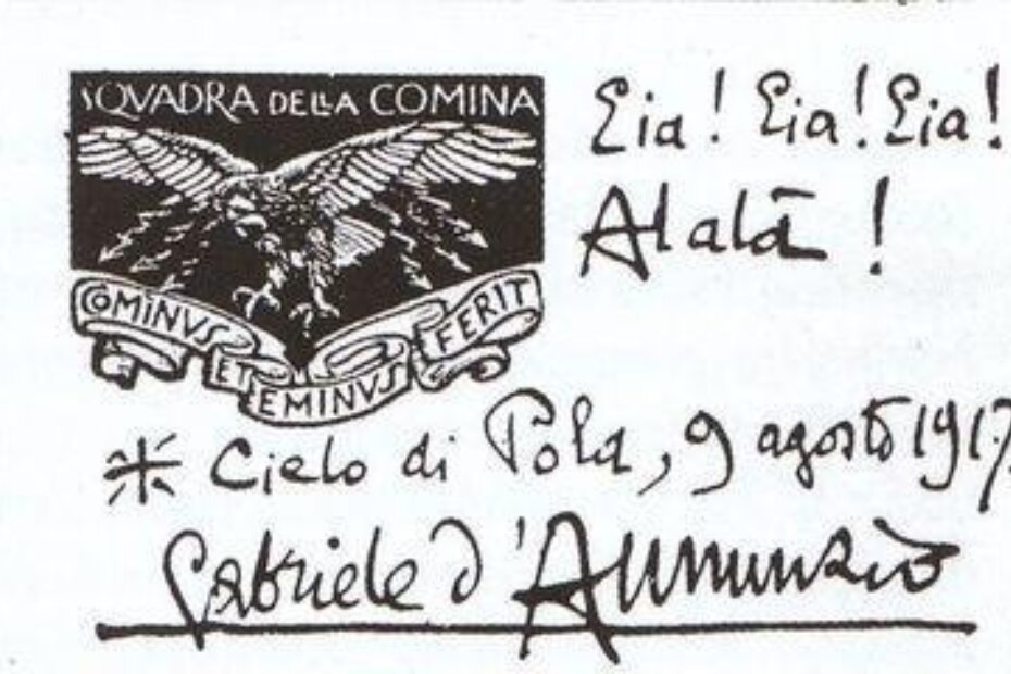 Letak, preuzet iz 'Fažanskog libra', kao podsjetnik nastanka fašističkog pozdrava na nebu iznad Pule