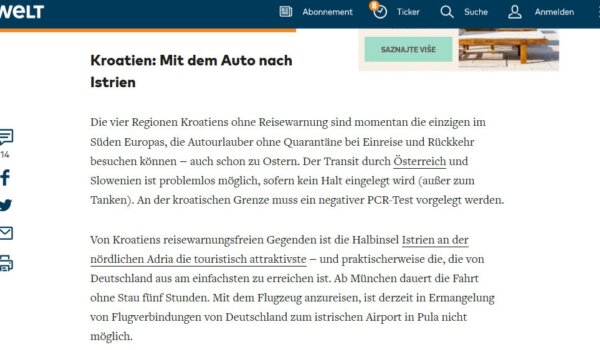 Njemački Die Welt: U Istru se može putovati bez karantene